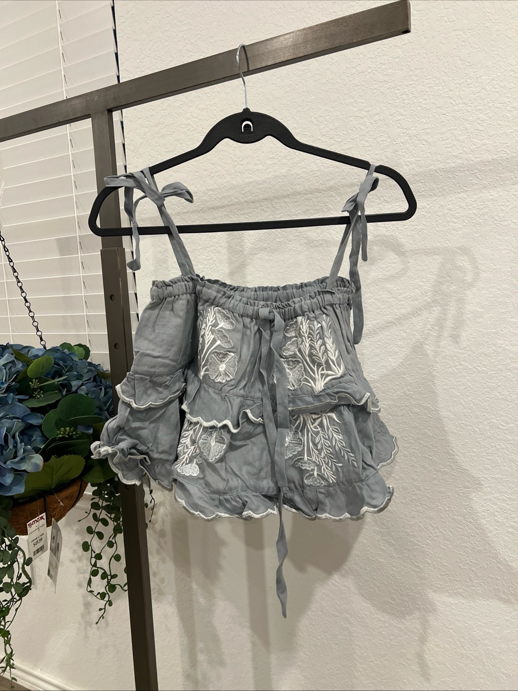 Soft Blue Embroidered Tie-Shoulder Crop Top